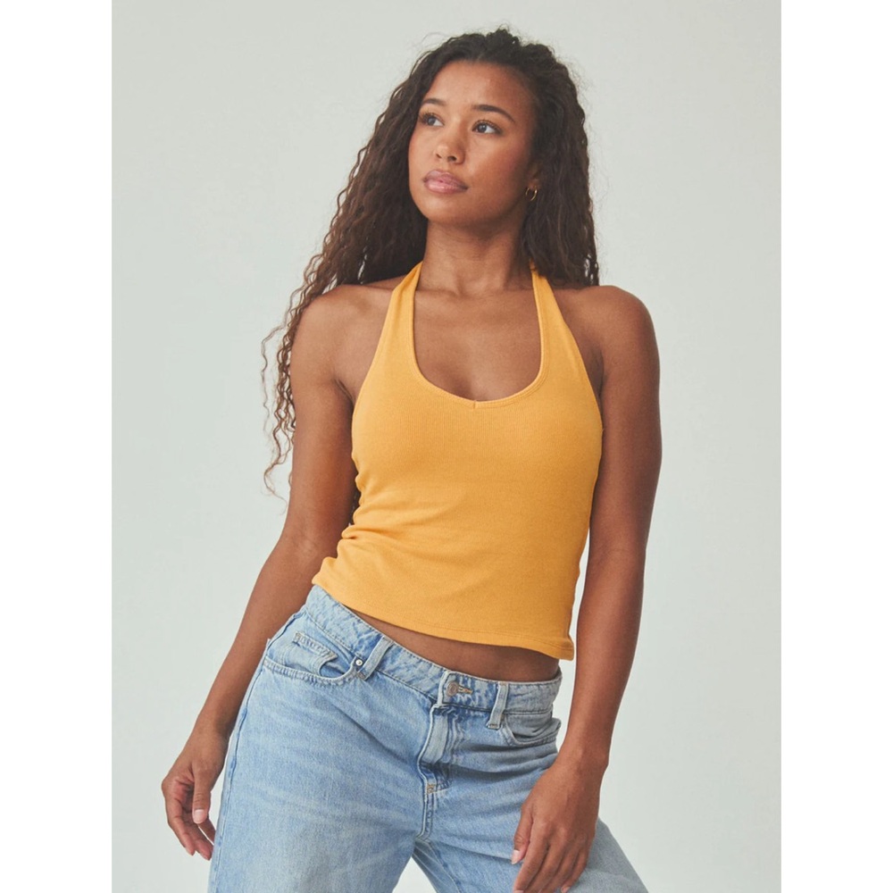 New Klassy Network Ribbed Halter Brami Cropped Tank in Marigold Yellow Large